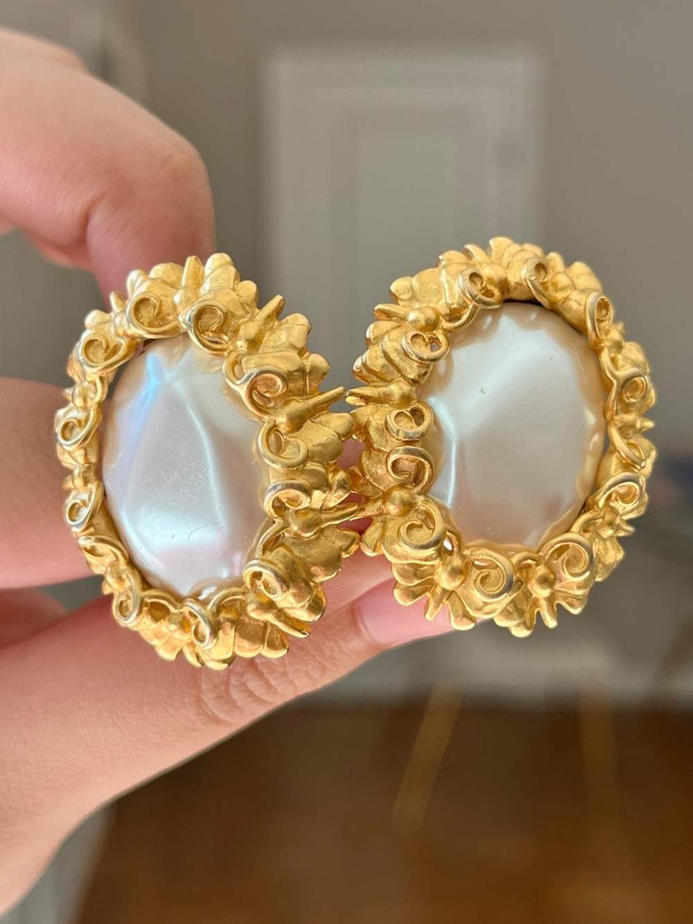 Authentic Vintage Givenchy Rose Flower Baroque Pearl Matte Gold Clip-On Earrings